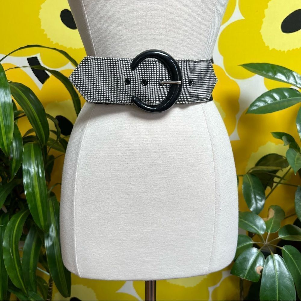 Vintage 1980s Houndstooth Tweed and Black Fabric Oversized Statement Belt